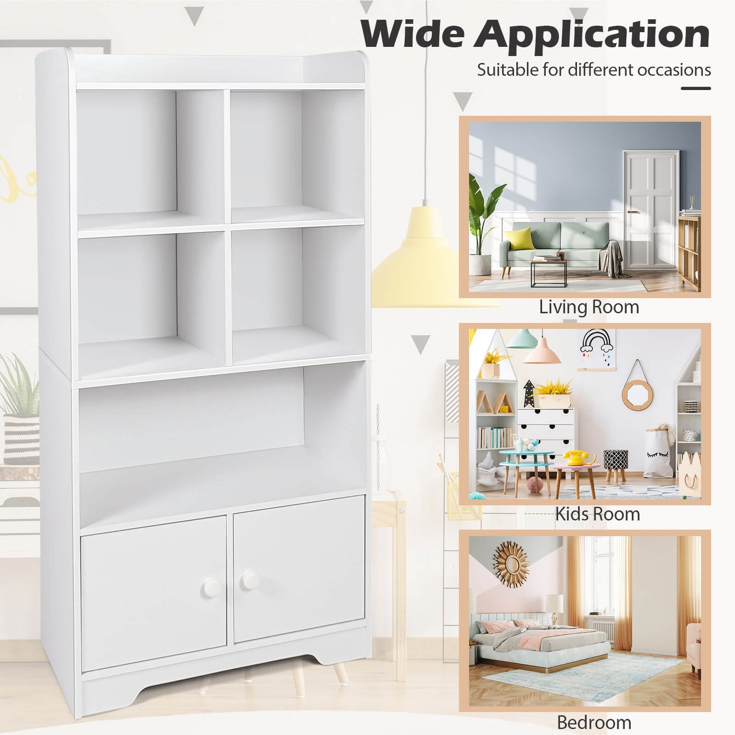 Modern 4-Tier Bookcase with 4 Cubes Shelves and 2-Door Cabinet-White