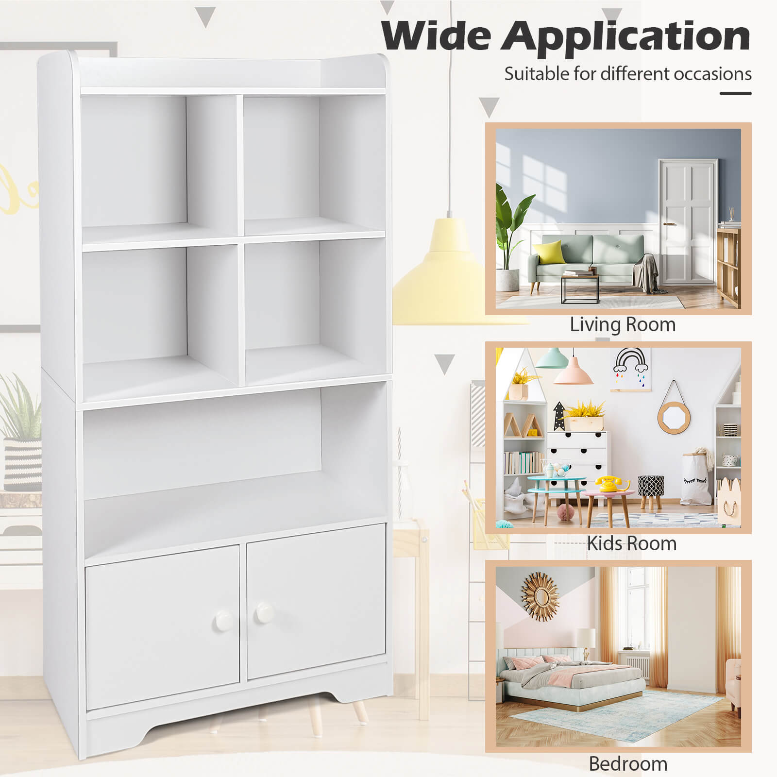 Modern 4-Tier Bookcase with 4 Cubes Shelves and 2-Door Cabinet-White