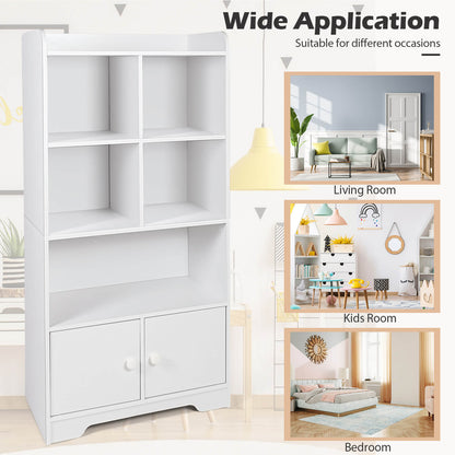 Modern 4-Tier Bookcase with 4 Cubes Shelves and 2-Door Cabinet-White