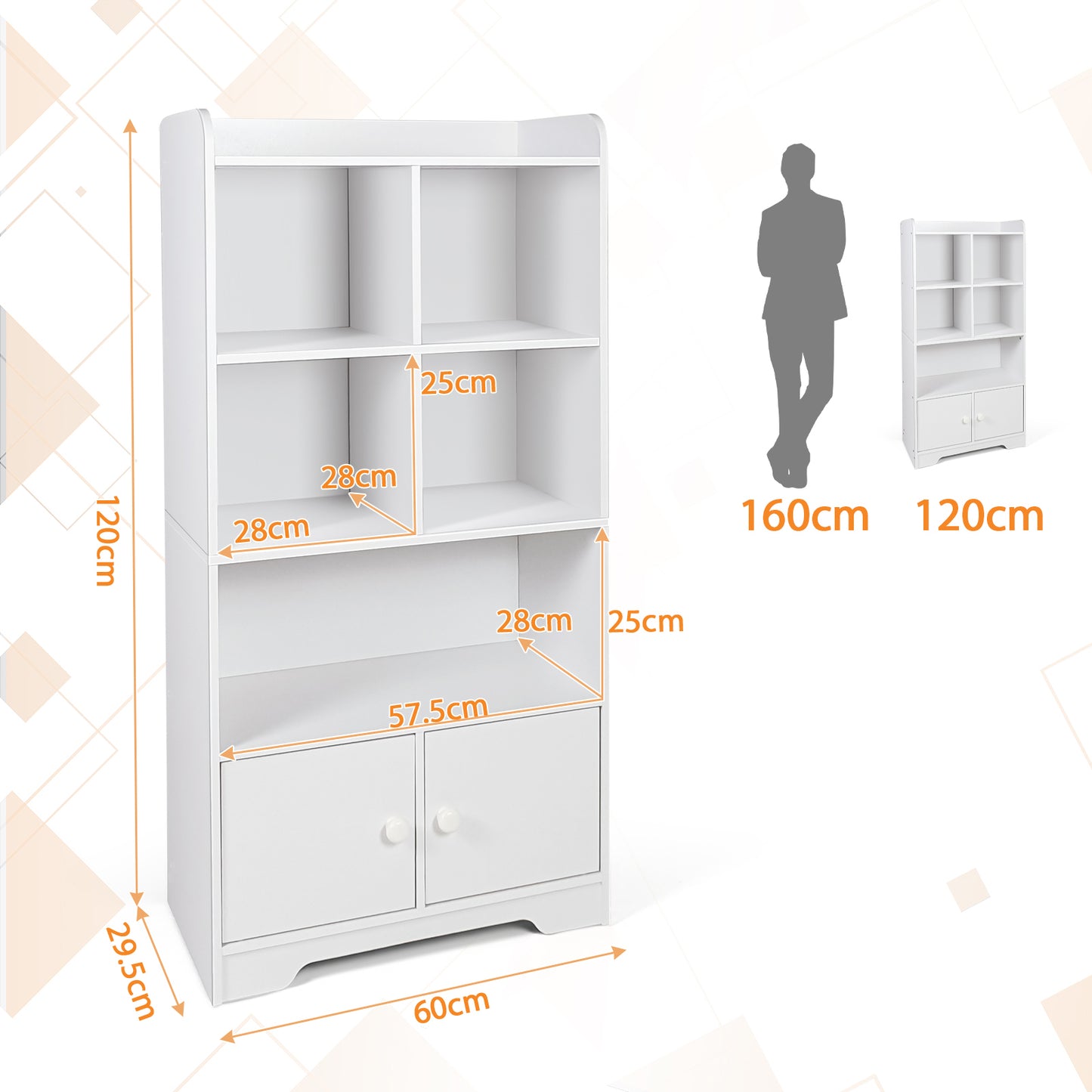 Modern 4-Tier Bookcase with 4 Cubes Shelves and 2-Door Cabinet-White