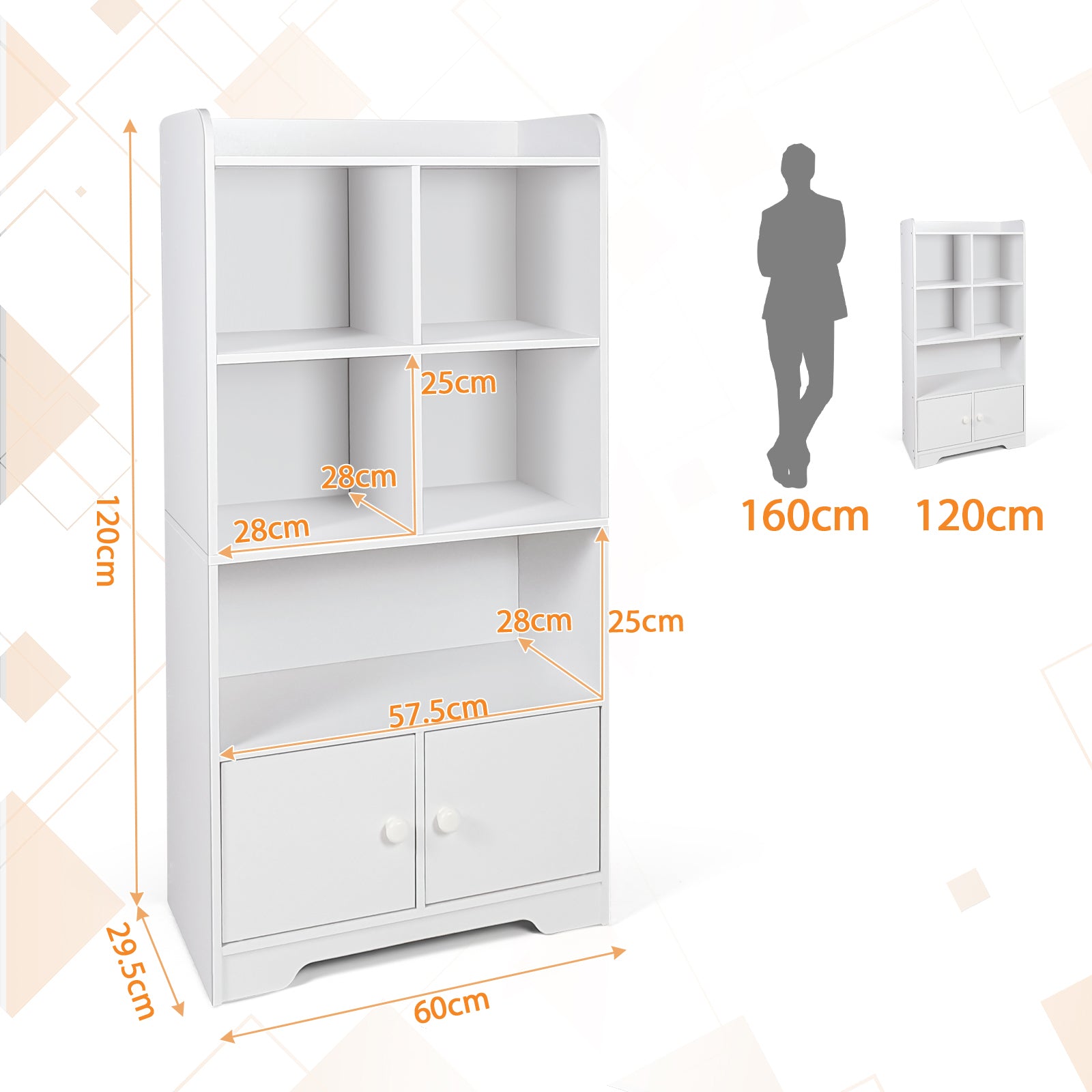 Modern 4-Tier Bookcase with 4 Cubes Shelves and 2-Door Cabinet-White