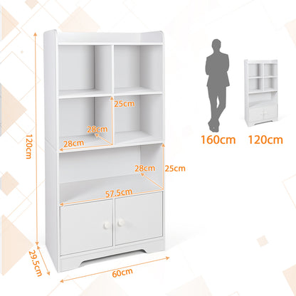 Modern 4-Tier Bookcase with 4 Cubes Shelves and 2-Door Cabinet-White