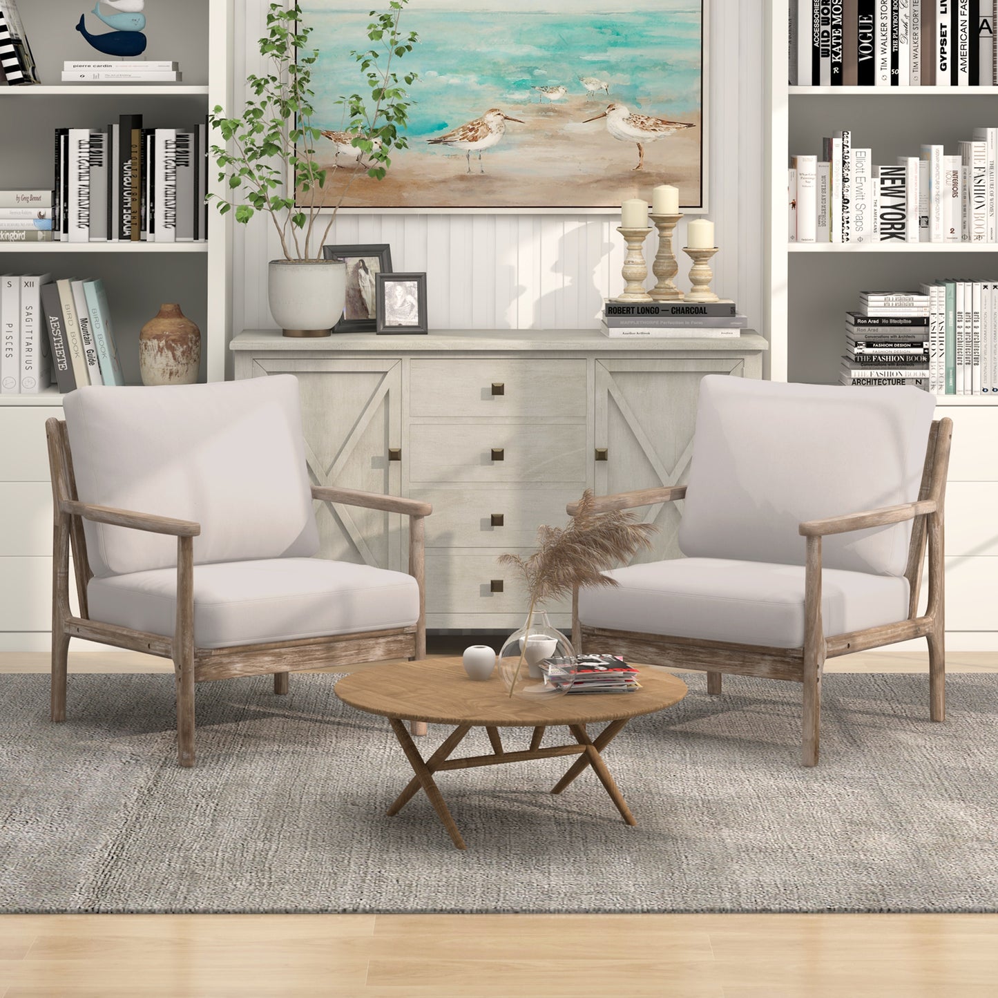 Modern Accent Chair Wooden Armchair with Solid Rubber Wood Armrests