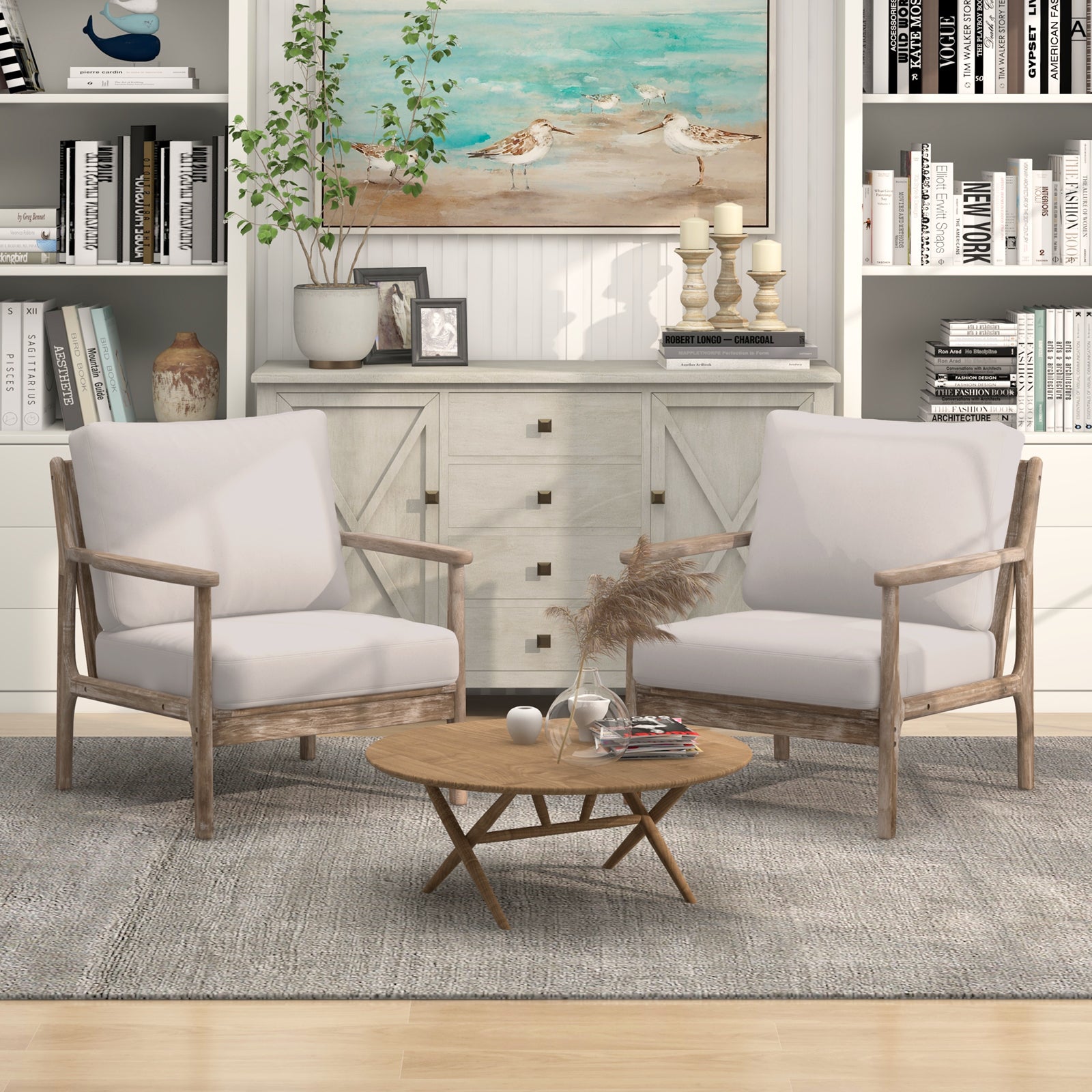 Modern Accent Chair Wooden Armchair with Solid Rubber Wood Armrests