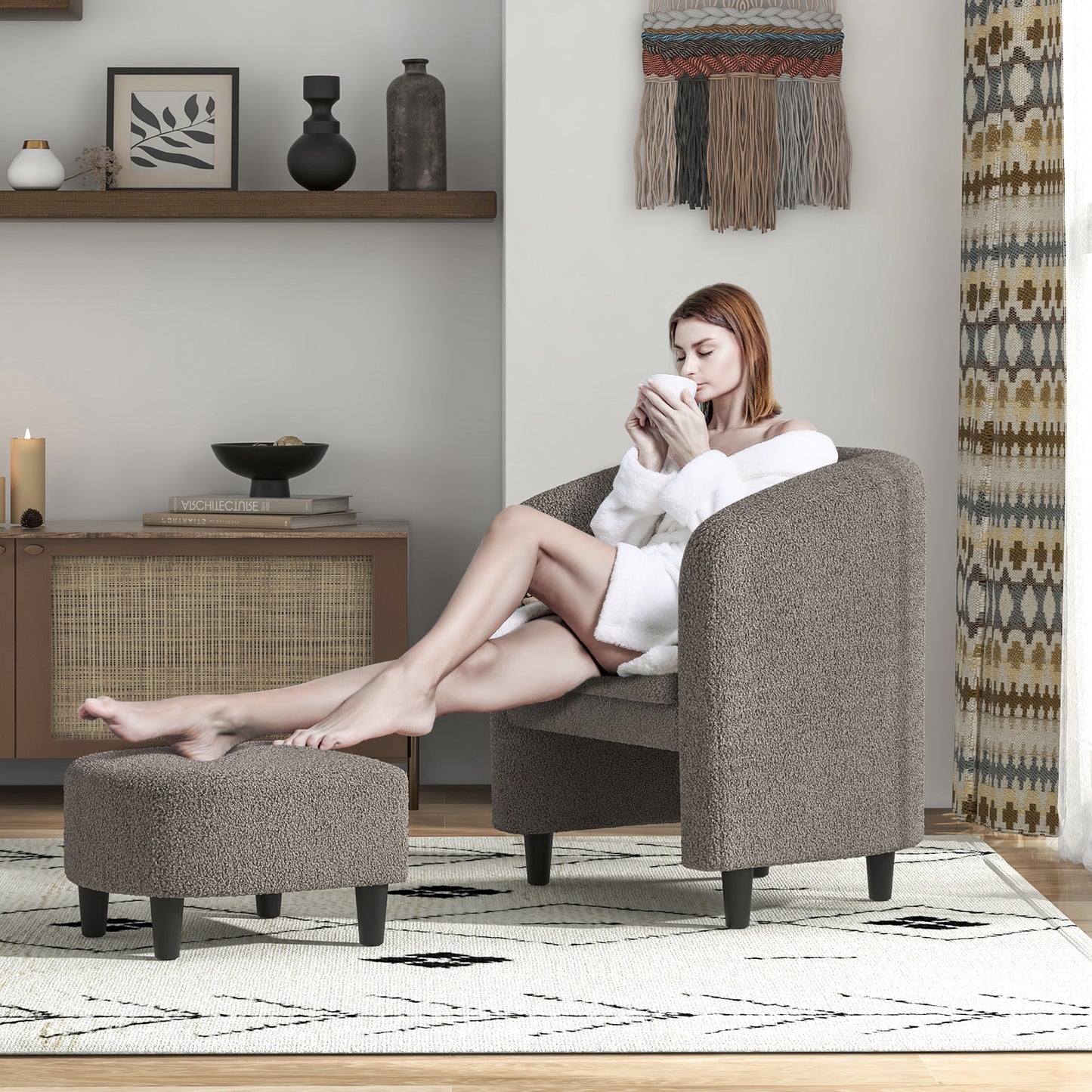Modern Barrel Chair with Ottoman for Living Room Bedroom Office-Grey
