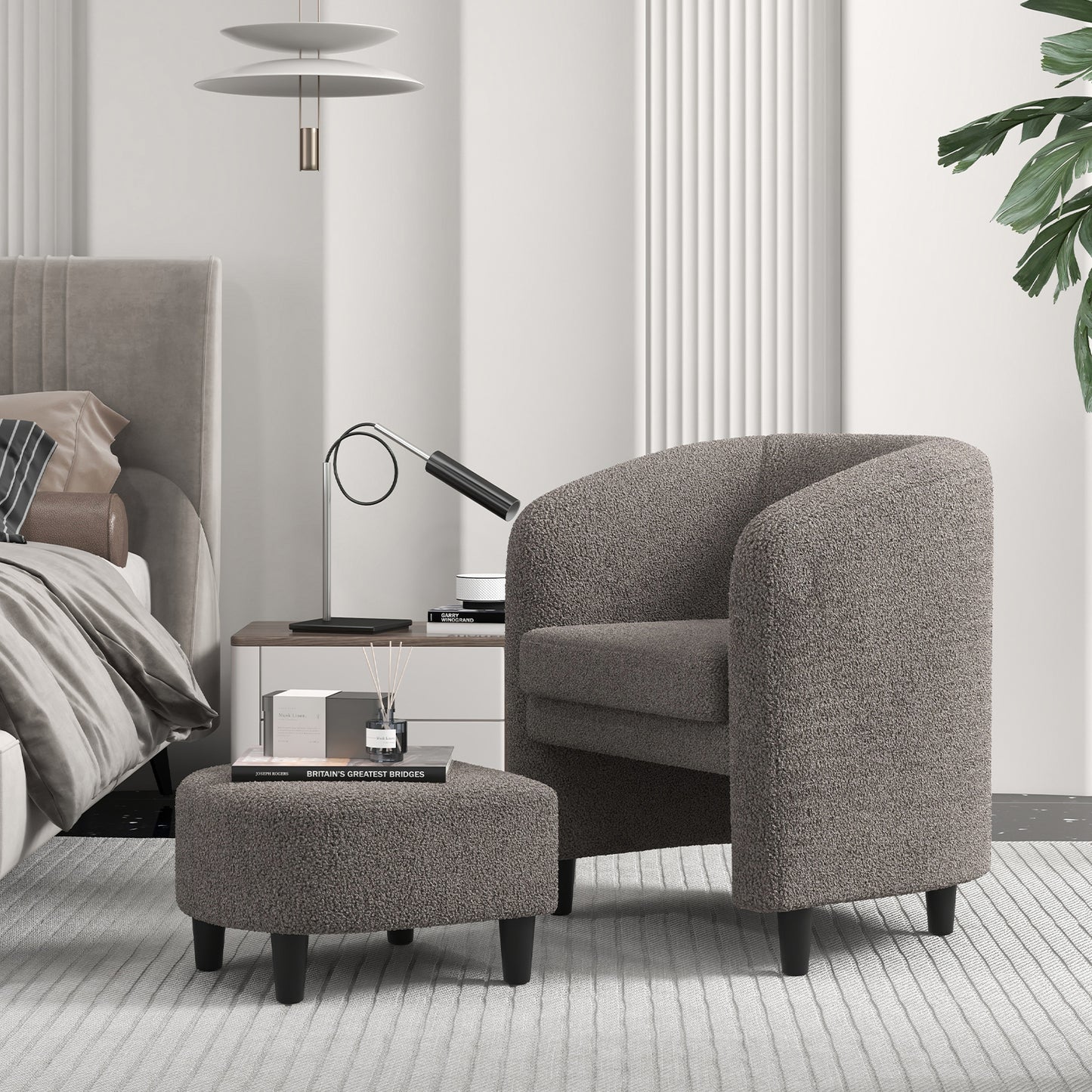 Modern Barrel Chair with Ottoman for Living Room Bedroom Office-Grey