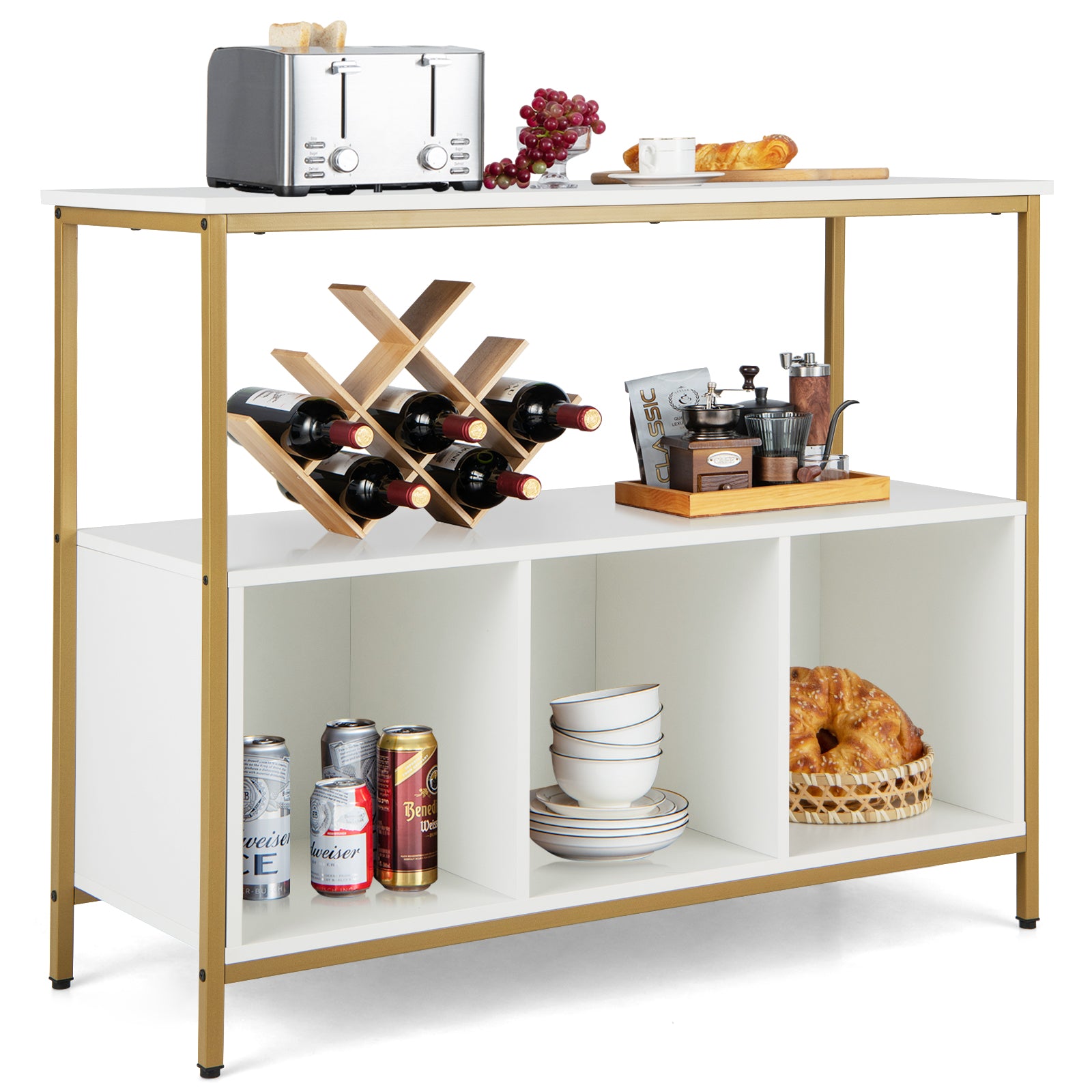 Modern Buffet Sideboard with Steel Frame, Open Shelf and 3 Compartments-White