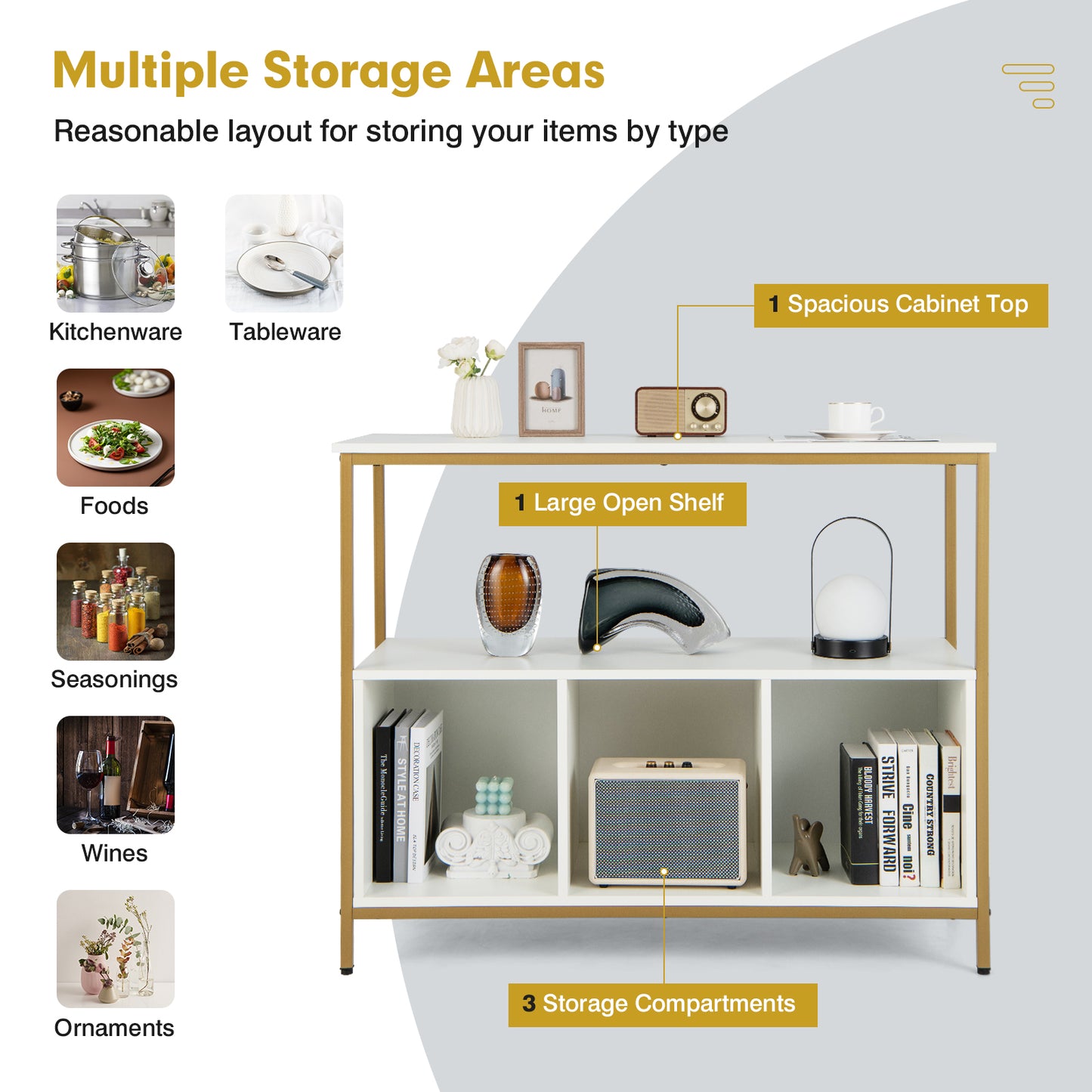 Modern Buffet Sideboard with Steel Frame, Open Shelf and 3 Compartments-White