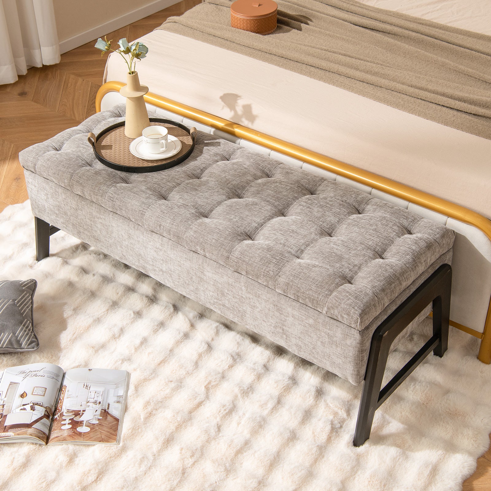 Modern Chenille Storage Bench Upholstered Tufted Ottoman Bench-Grey