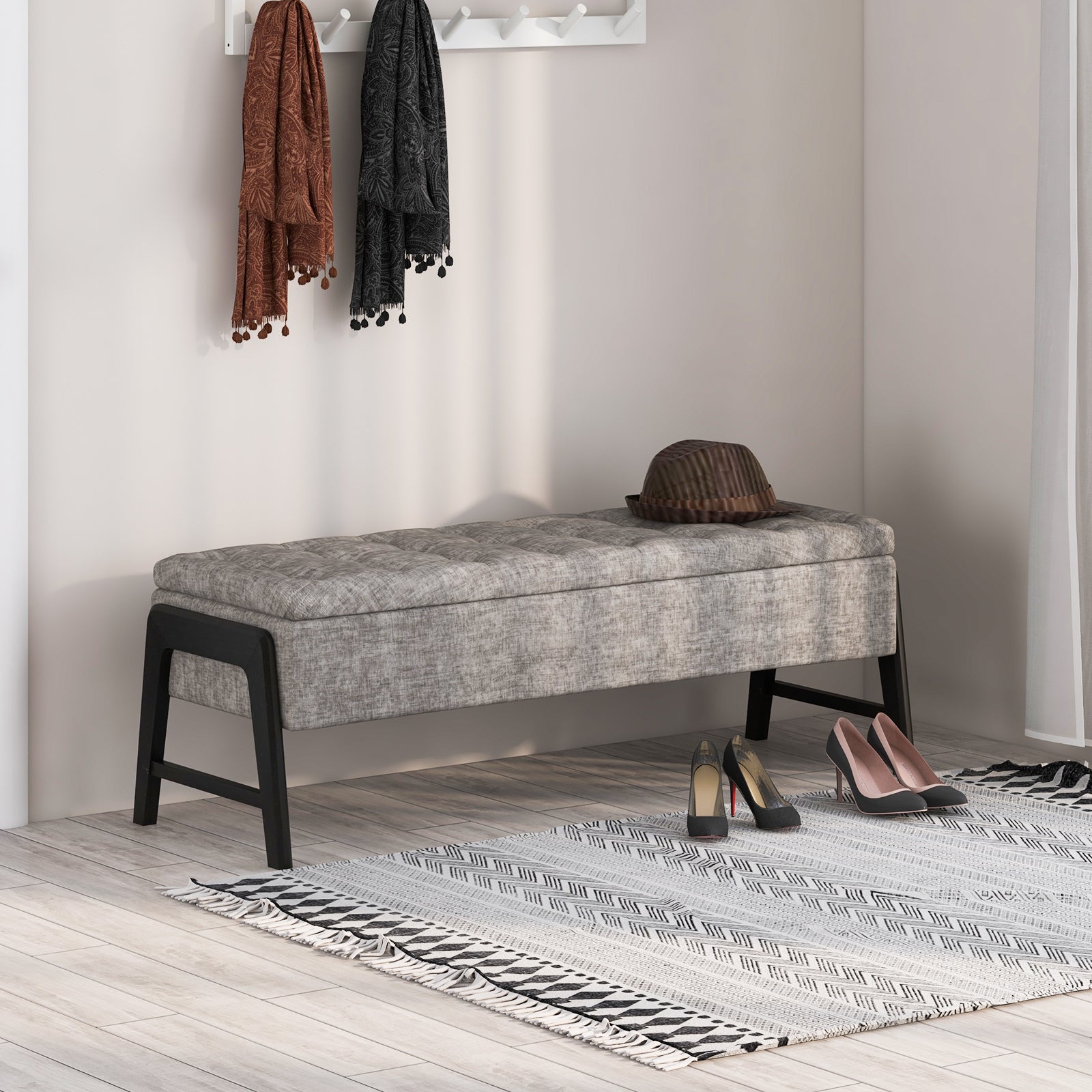 Modern Chenille Storage Bench Upholstered Tufted Ottoman Bench-Grey