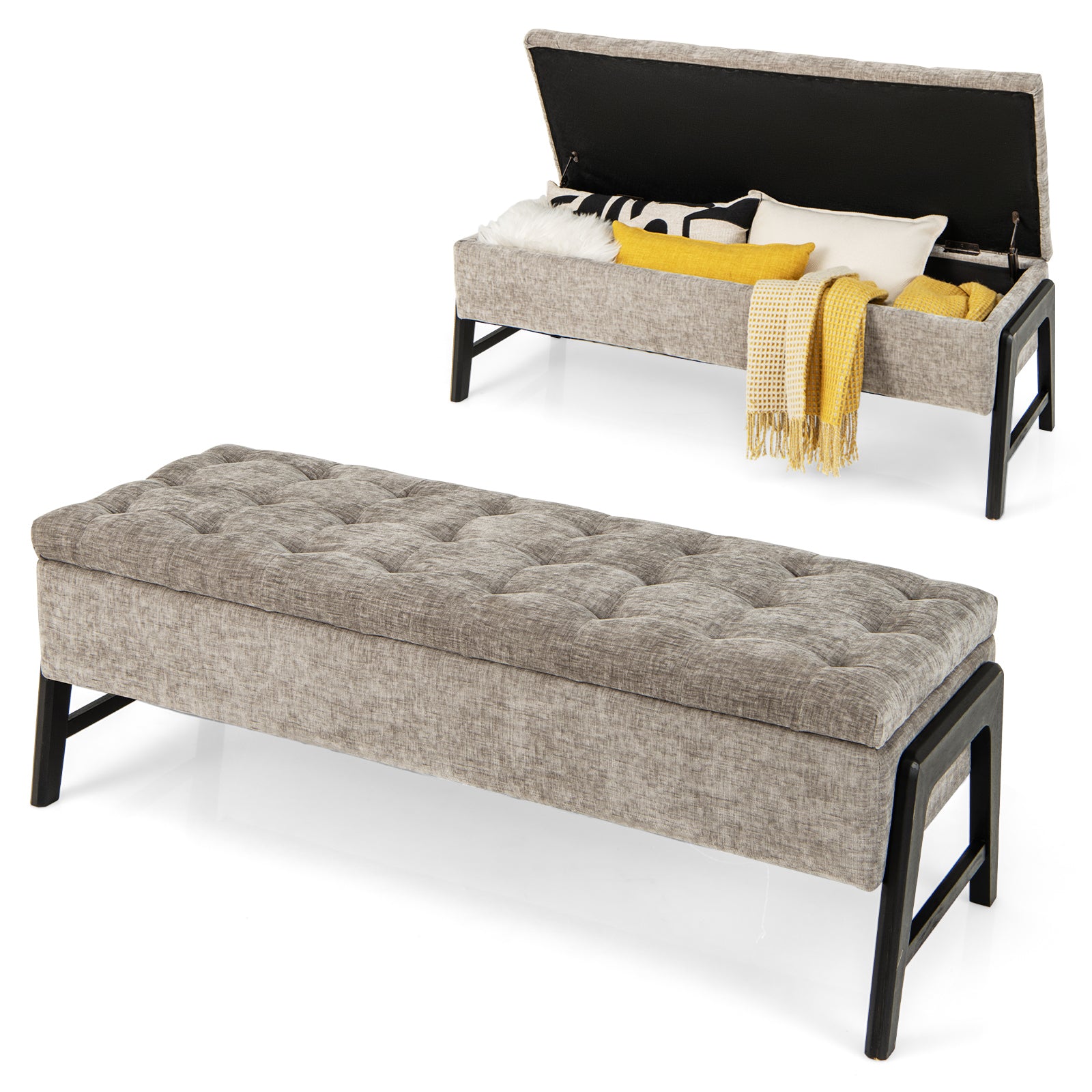 Modern Chenille Storage Bench Upholstered Tufted Ottoman Bench-Grey