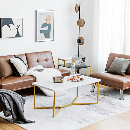 Modern Coffee Table with Faux Marble Tabletop and Golden Y-shaped Legs