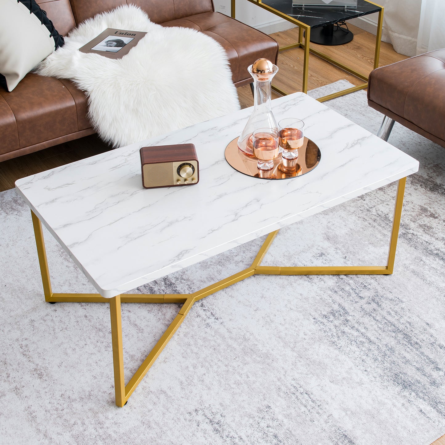 Modern Coffee Table with Faux Marble Tabletop and Golden Y-shaped Legs