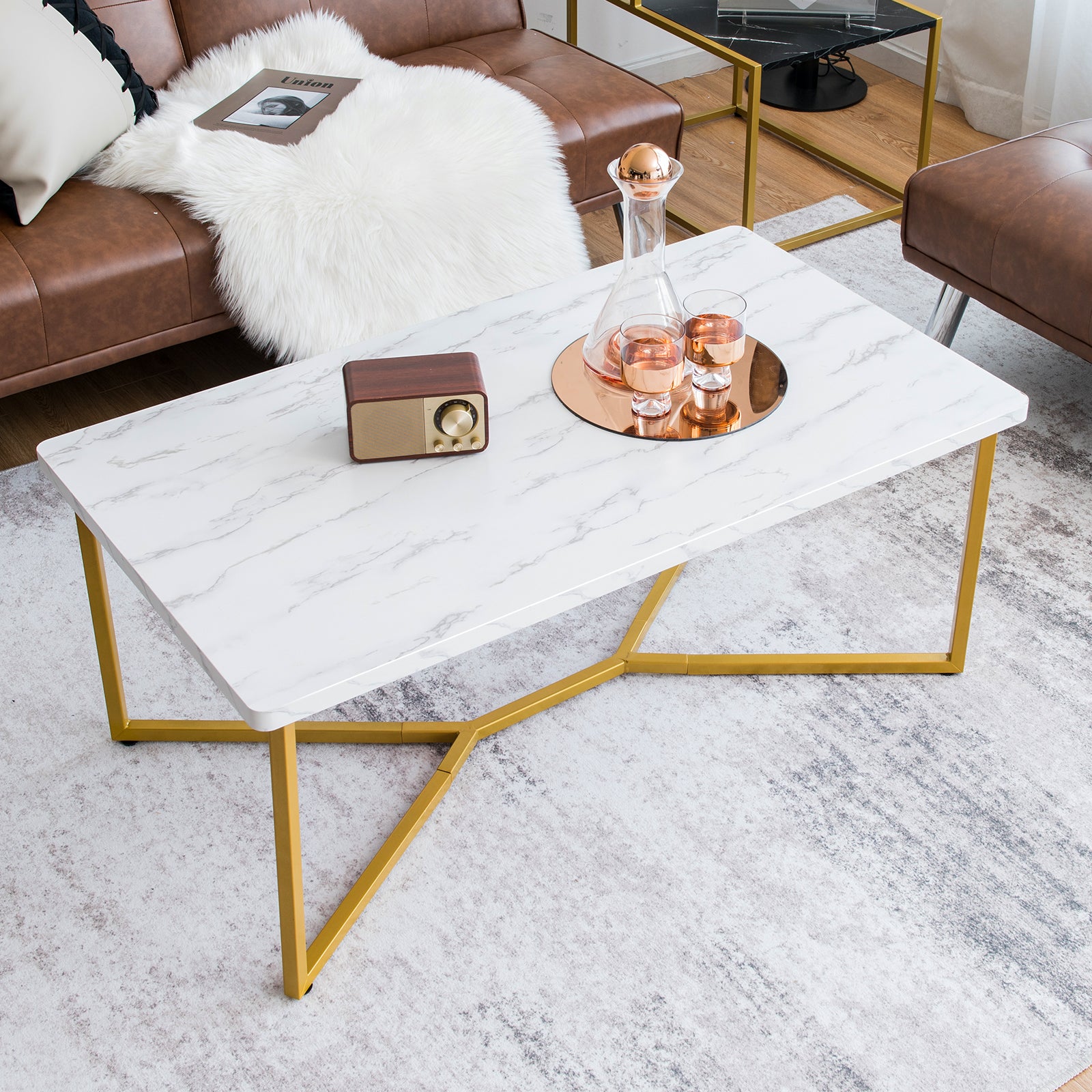 Modern Coffee Table with Faux Marble Tabletop and Golden Y-shaped Legs
