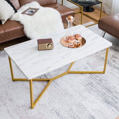 Modern Coffee Table with Faux Marble Tabletop and Golden Y-shaped Legs