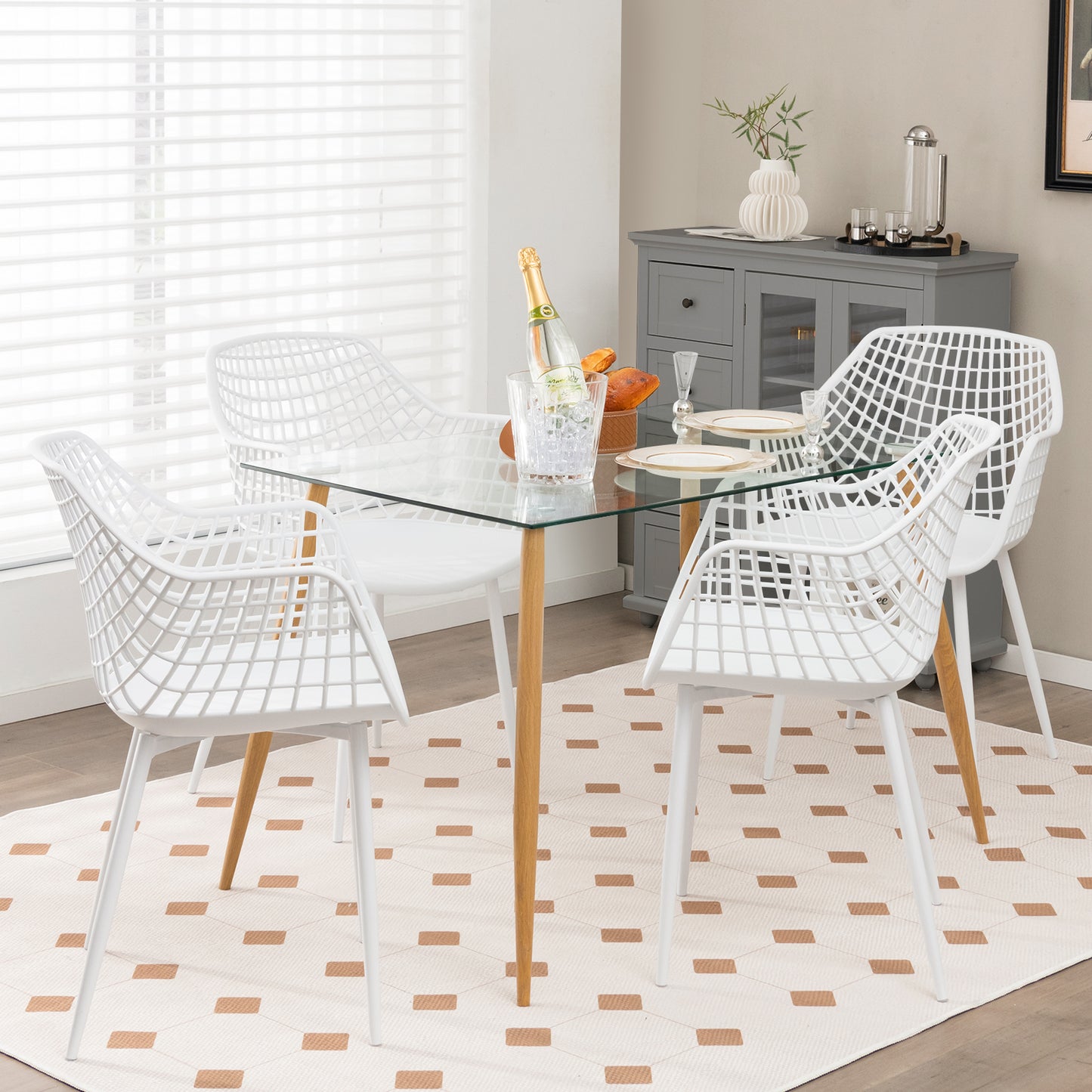 Modern Dining Chair Set of 4 with Airy Hollow Backrest-White