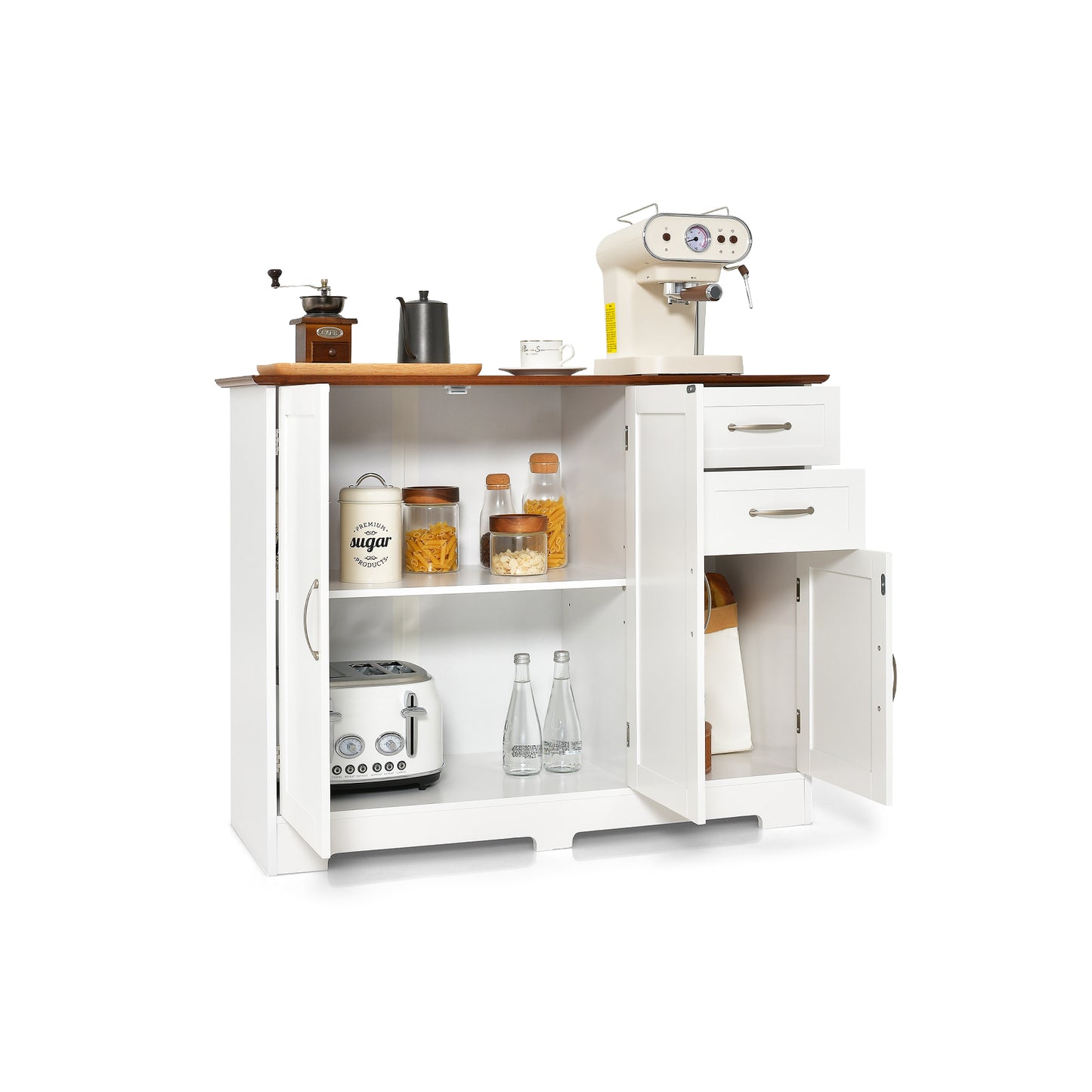 Modern Kitchen Sideboard Storage Cabinet with Adjustable Shelf and Drawers-White