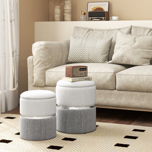 Modern Round Linen Fabric Storage Ottoman Set of 2-Grey