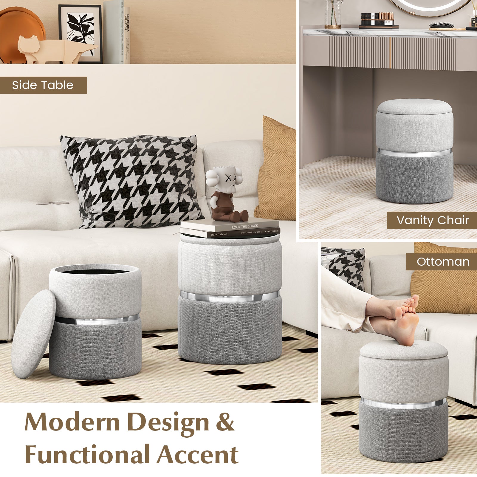 Modern Round Linen Fabric Storage Ottoman Set of 2-Grey