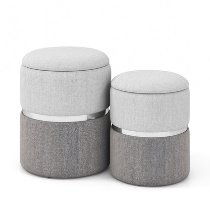 Modern Round Linen Fabric Storage Ottoman Set of 2-Grey