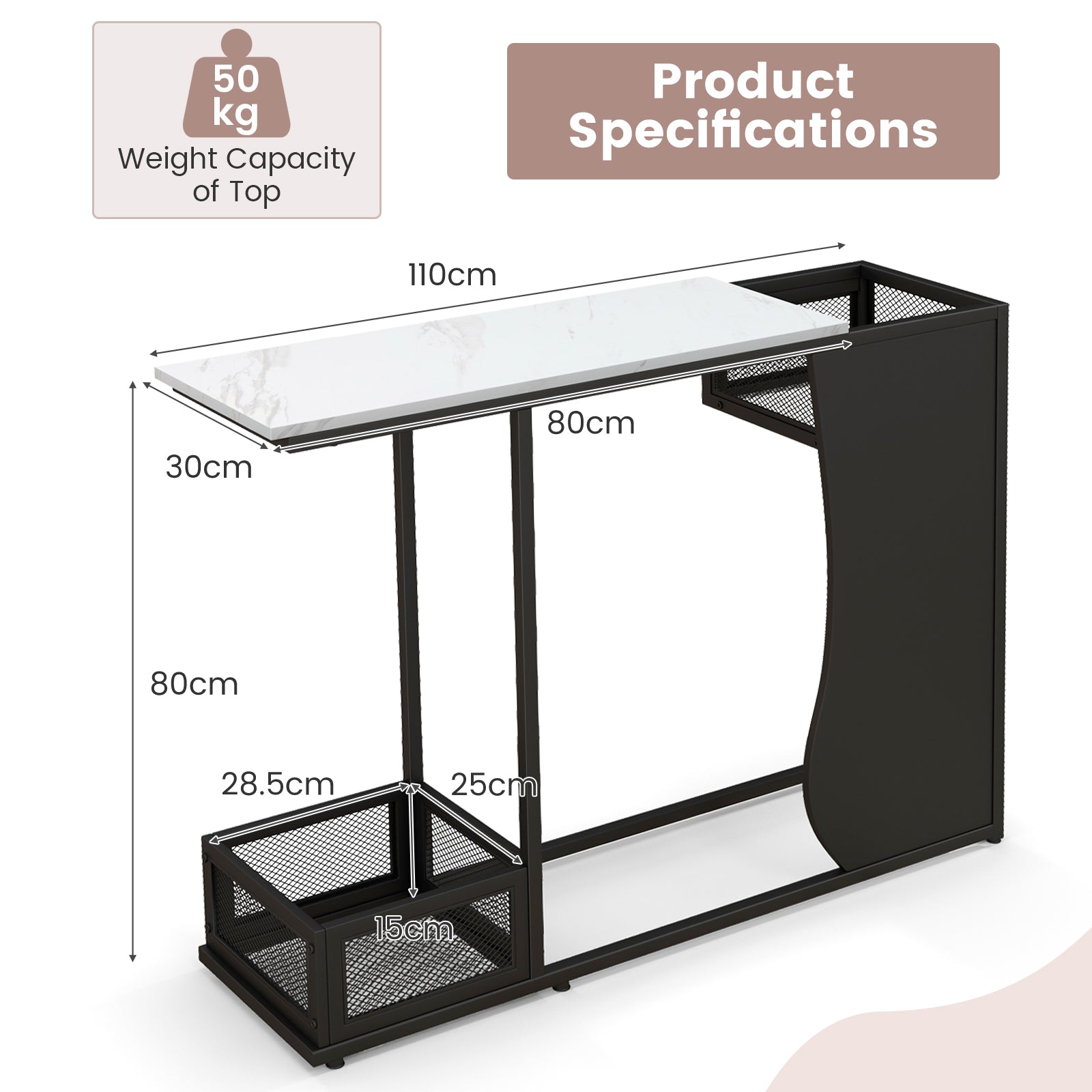 Modern Sofa Accent Console Table with 2 Storage Mesh Cubes-Black &amp; White