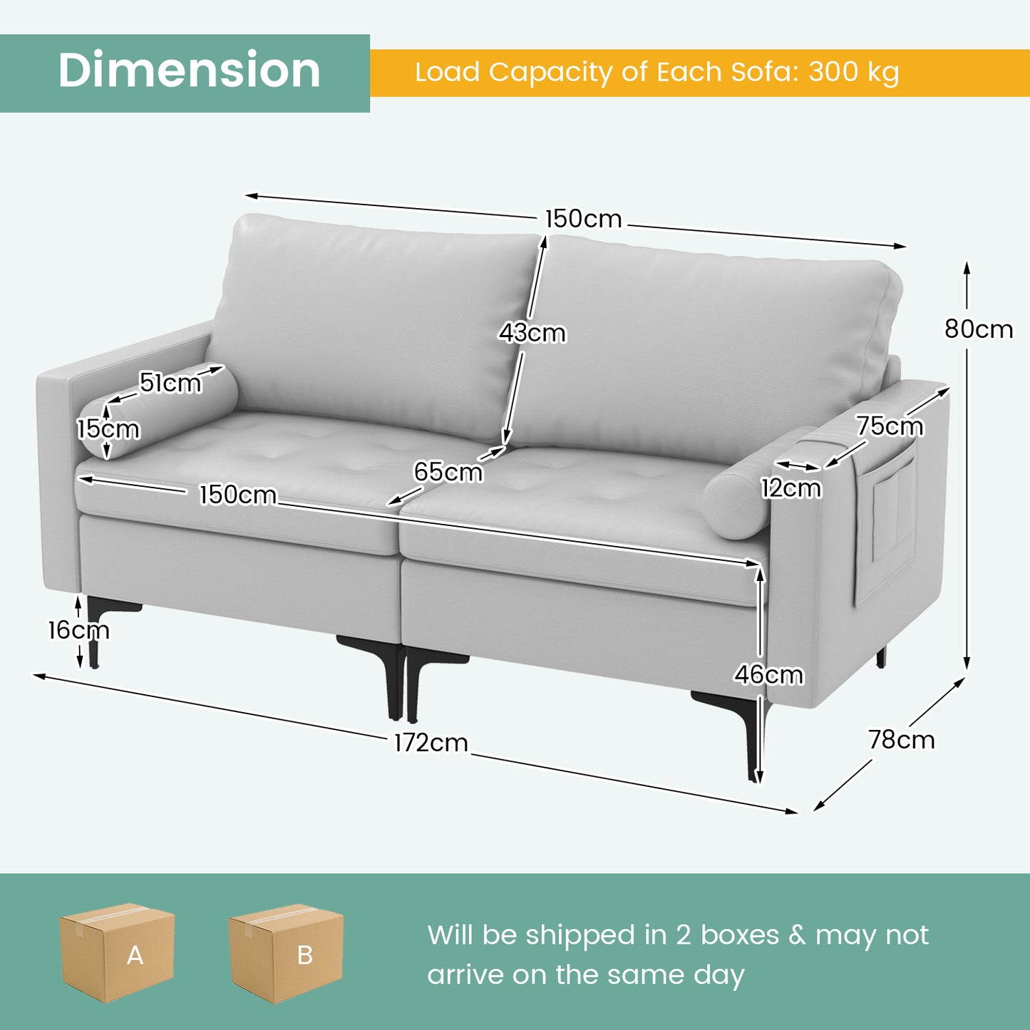 Modular Sectional Sofa Couch with 4 USB Ports, 2 Removable Bolsters-Light Grey