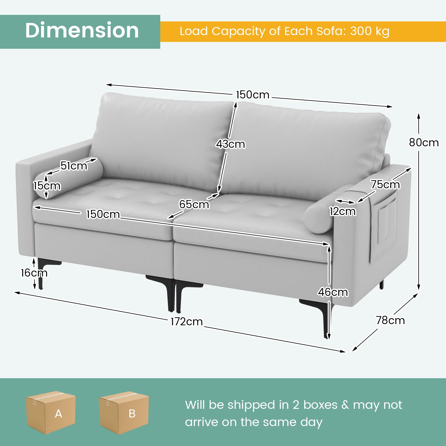 Modular Sectional Sofa Couch with 4 USB Ports, 2 Removable Bolsters-Light Grey