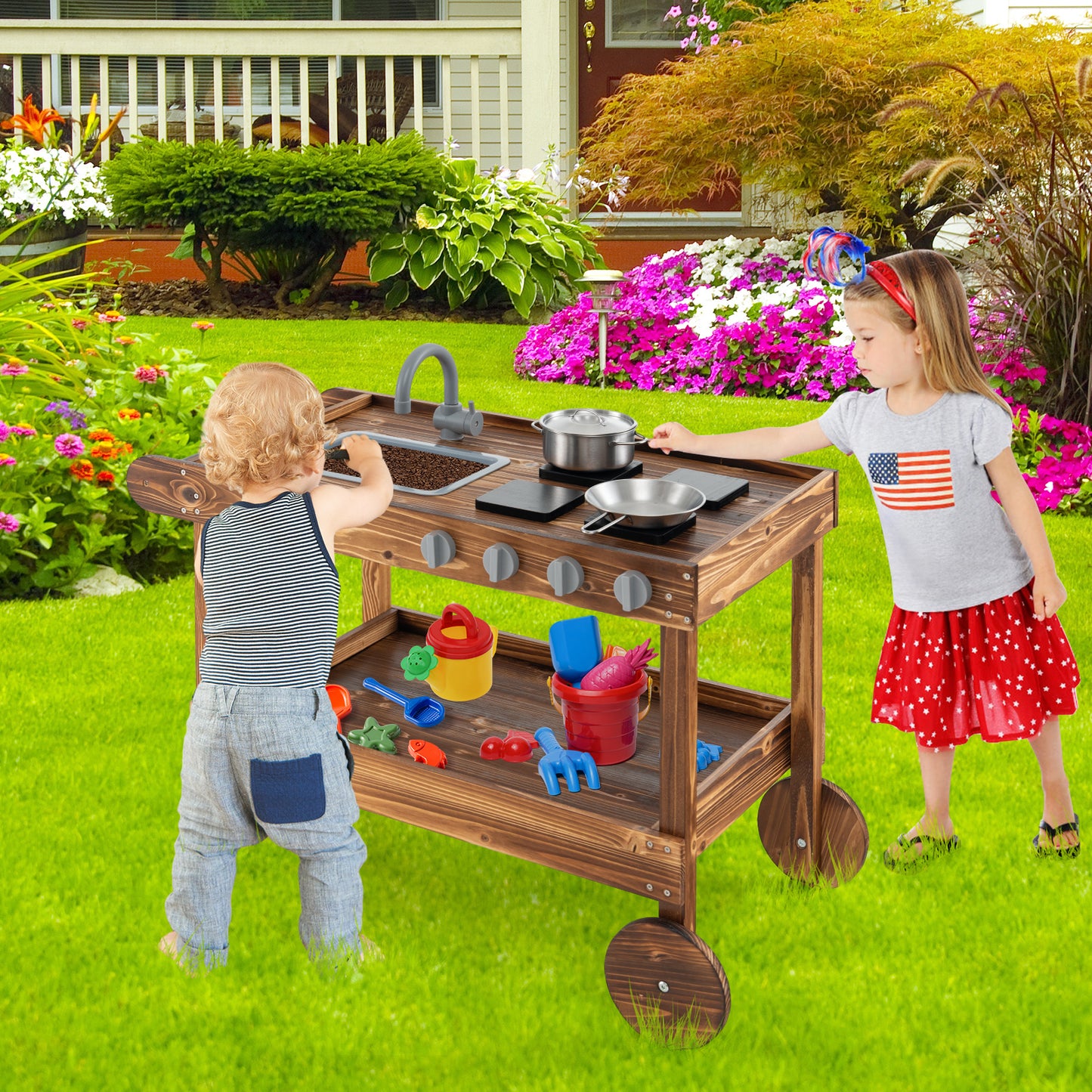 Movable Mud Kitchen with 2 Rolling Wheels and 1 Push Handle-Natural