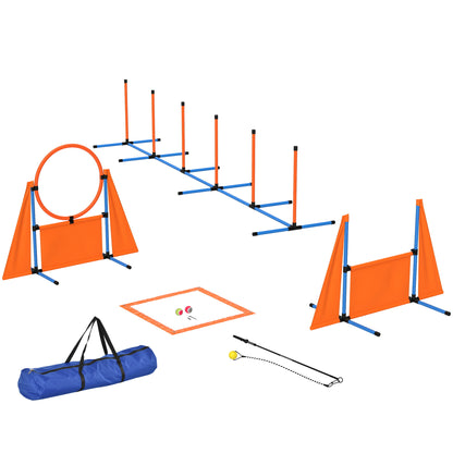 PawHut Seven-Piece Dog Agility Equipment Set with Weave Poles, Jump Ring, Hurdle, Pause Box, Carry Bag, Orange