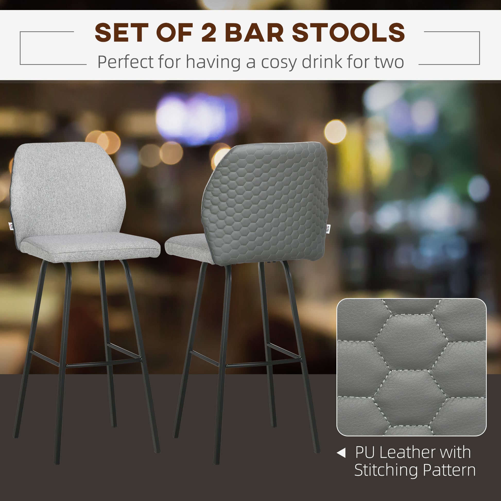 HOMCOM Bar Stools Set of 2, Linen-Touch Upholstered Bar Chairs, Kitchen Stools with Backs and Steel Legs, Light Grey