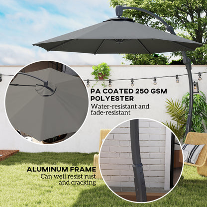 Outsunny 3(m) Garden Cantilever Parasol, Round Overhanging Umbrella with Crank Handle, Cross Base, Aluminium Frame and 360° Rotation, Banana Patio Umbrella for Outdoor Sun Shade, Grey