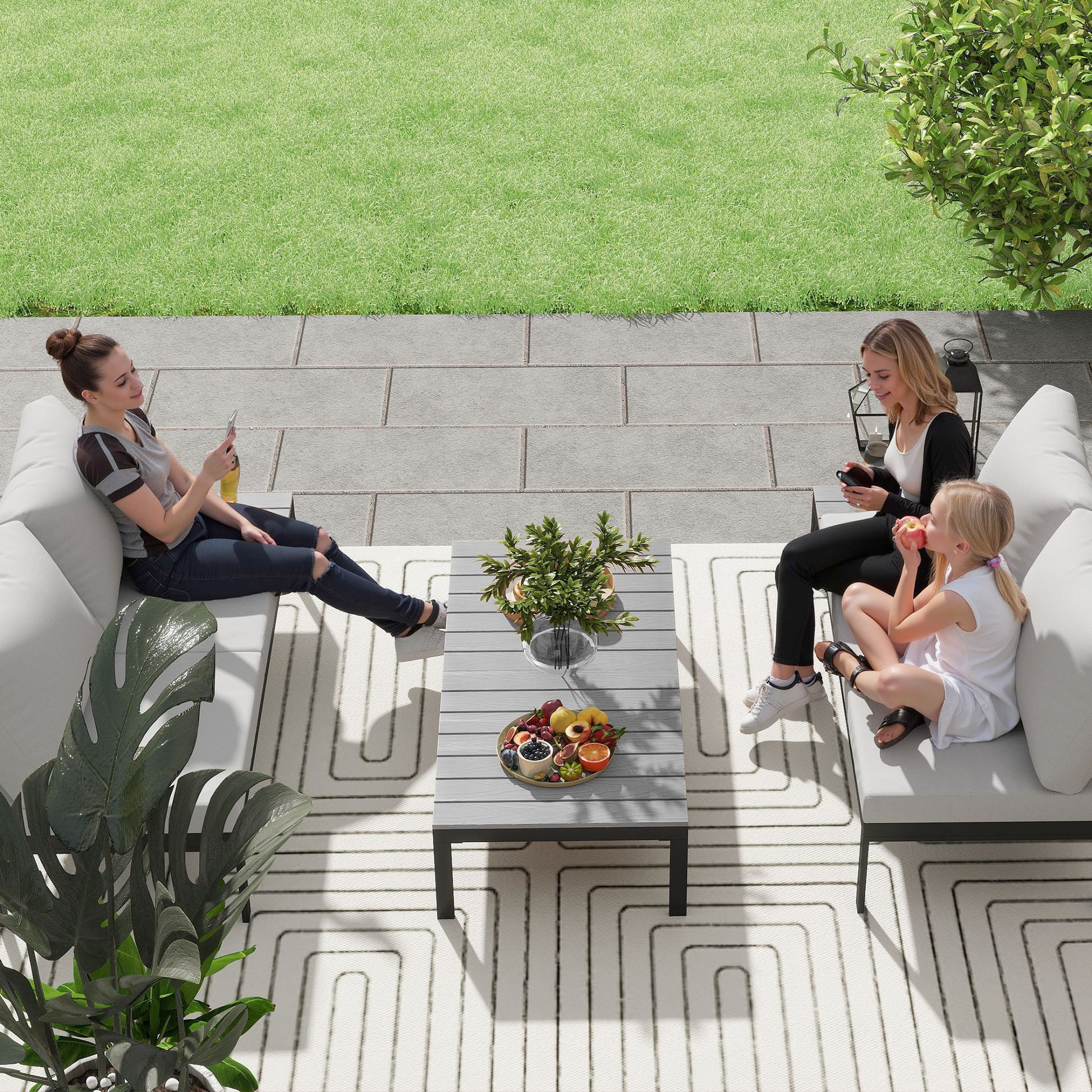 Outsunny Four-Piece Garden Corner Sofa Set with 2 Loveseats and 2 Coffee Tables - Grey