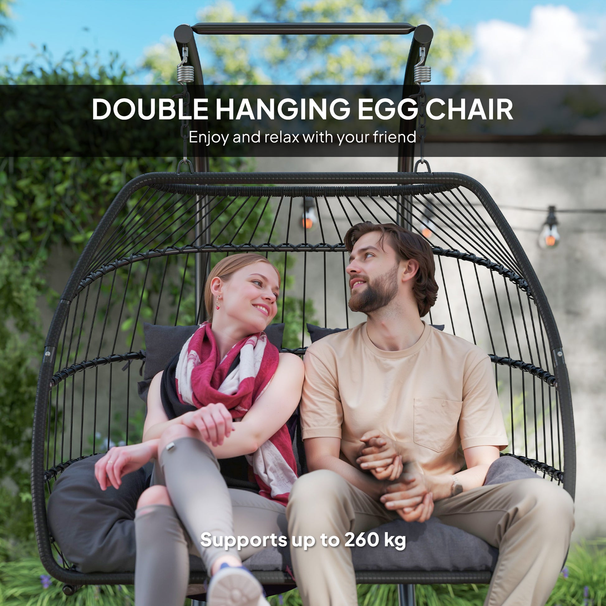 Outsunny Rattan Double Hanging Egg Chair with Stand, Foldable Wicker Swing Egg Chair with Cushion, Head Pillows, Steel Frame, Hammock Chair for Indoor Outdoor, Capacity 260 kg, Dark Grey