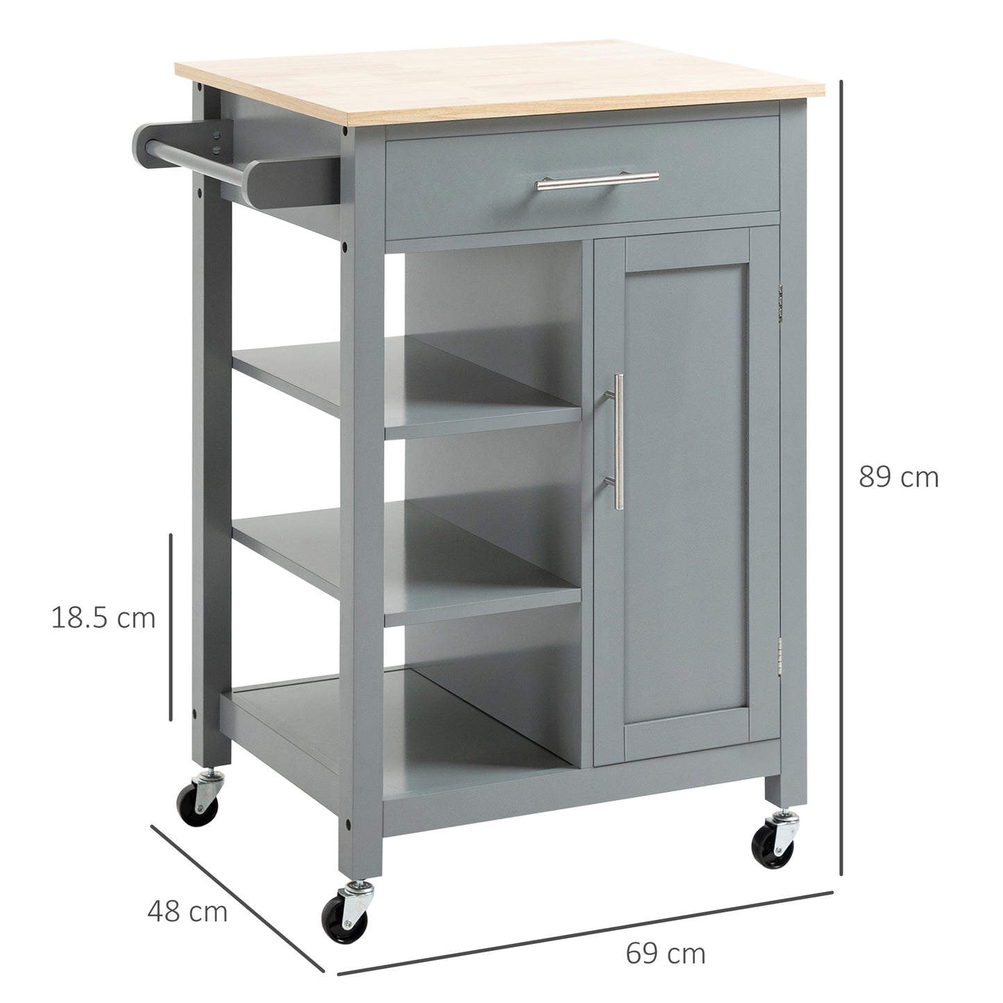 HOMCOM Compact Kitchen Trolley Utility Cart on Wheels with Open Shelf & Storage Drawer for Dining Room, Kitchen, Grey
