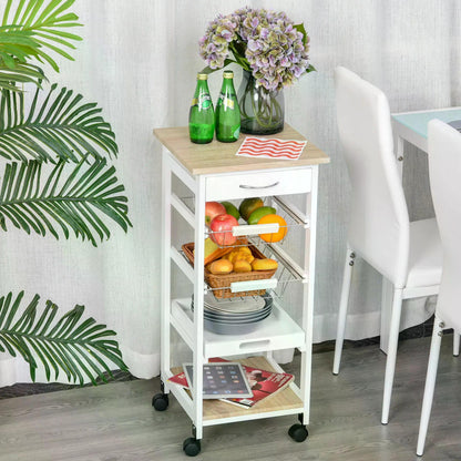 HOMCOM Mobile Rolling Kitchen Island Trolley for Living room, Serving Cart with Drawer & Basket, White