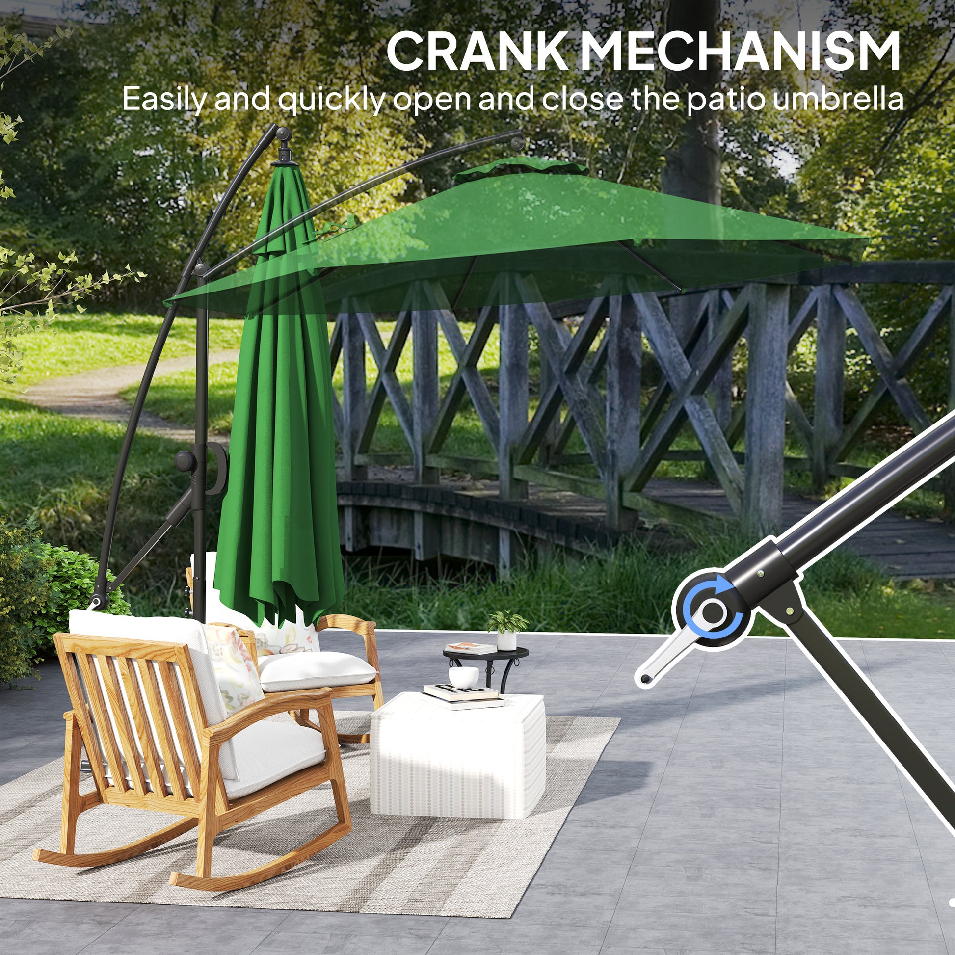 Outsunny 3(m) Garden Cantilever Parasol with Cover and Wind Protection Strap, Round Overhanging Umbrella with Crank Handle and Tilt, Banana Patio Umbrella for Outdoor Sun Shade, UPF50+, Green