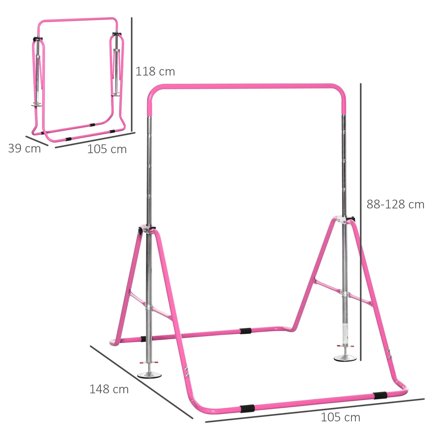 HOMCOM Gymnastics Bar for Kids, Folding Horizontal Bars with Adjustable Height, Training Bar with Triangle Base, Pink