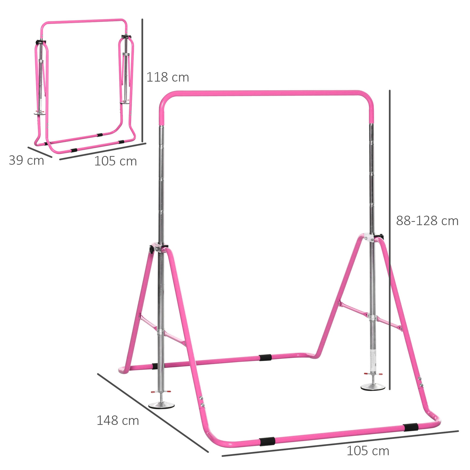 HOMCOM Gymnastics Bar for Kids, Folding Horizontal Bars with Adjustable Height, Training Bar with Triangle Base, Pink