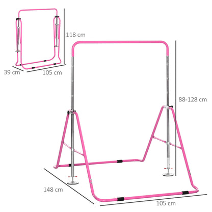 HOMCOM Gymnastics Bar for Kids, Folding Horizontal Bars with Adjustable Height, Training Bar with Triangle Base, Pink