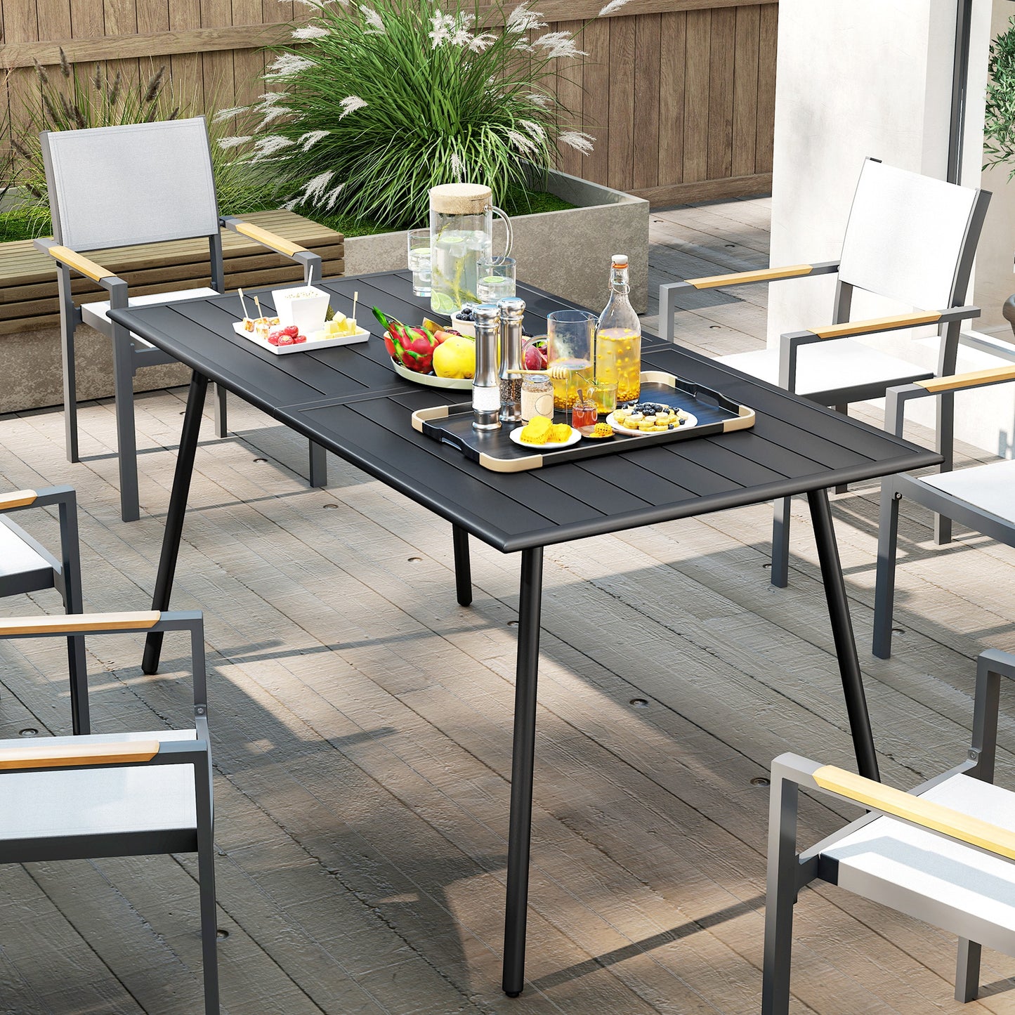 Outsunny Rectangle Garden Table with Slat Top, Steel Frame, Outdoor Table for 6 Person, 150 x 80 x 74 cm, Black