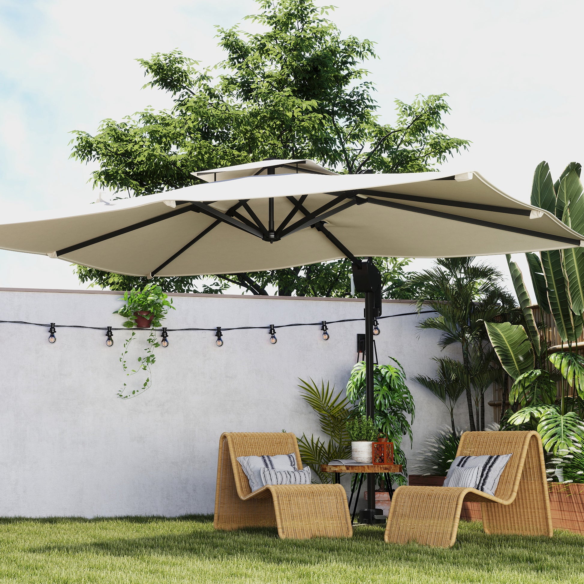 Outsunny 3.7 x 2.7 m Cantilever Parasol w/ 360° Rotation and Easy Tilt Adjustment, Aluminium Hanging Offset Outdoor Umbrella w/ Double Top and Cross Base, UPF50+ Hanging Sun Shade, Black