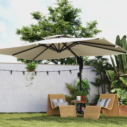 Outsunny 3.7 x 2.7 m Cantilever Parasol w/ 360° Rotation and Easy Tilt Adjustment, Aluminium Hanging Offset Outdoor Umbrella w/ Double Top and Cross Base, UPF50+ Hanging Sun Shade, Black