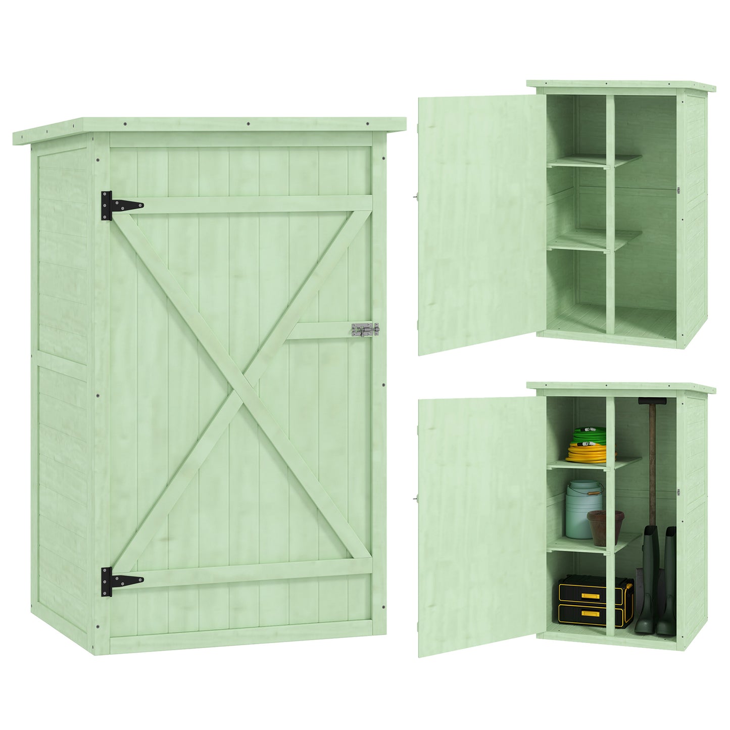 Outsunny Wooden Small Shed, Garden Storage Shed with Shelves and Bolt Latch, 75L x 56W x115H cm, Green