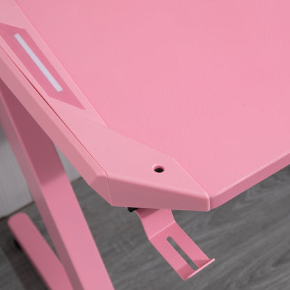 HOMCOM Gaming Desk, Ergonomic Home Office Desk, Gamer Workstation Racing Table, with Headphone Hook and Cup Holder, 122 x 66 x 86cm, Pink