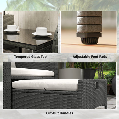 Outsunny Five Piece Rattan Garden Furniture Set with 2-Tier Coffee Table and Ottomans  - Cream White