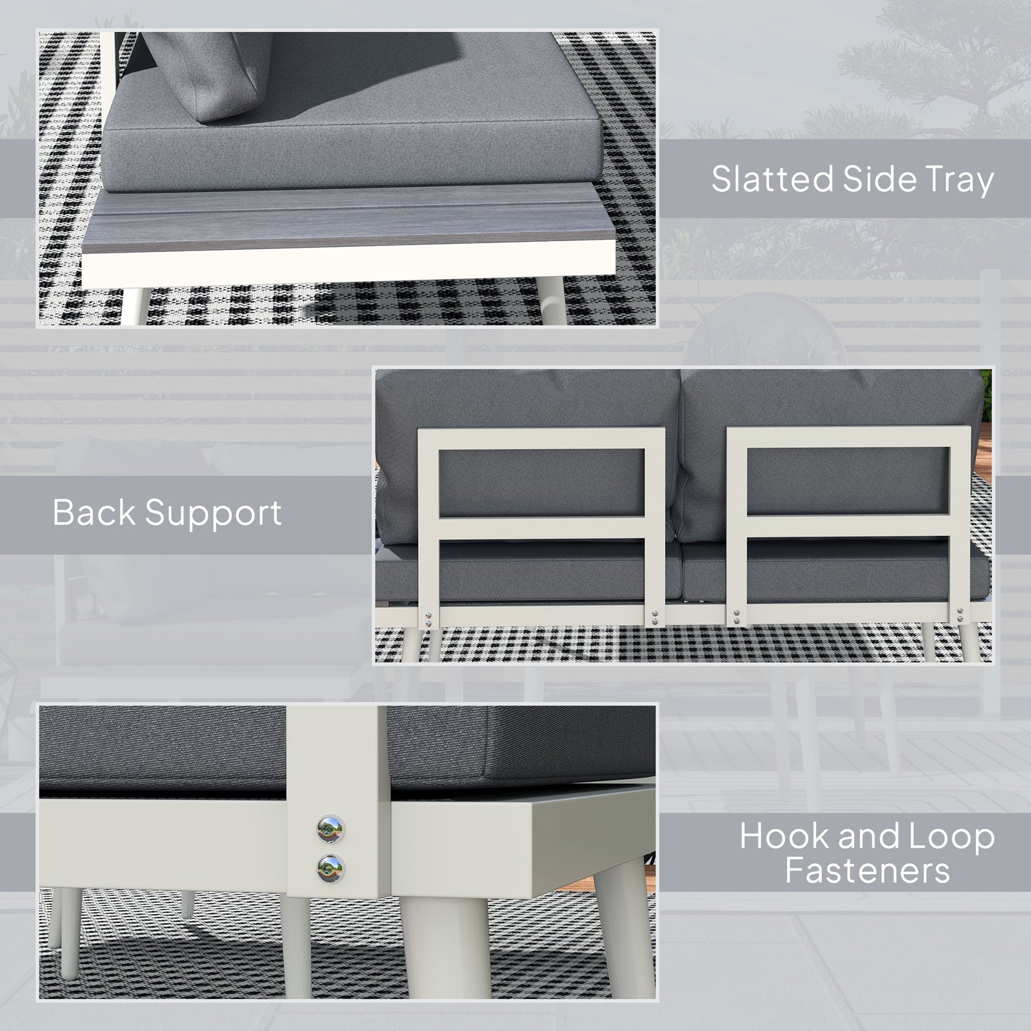 Outsunny 3 Piece Garden Furniture Set with 5-Level Adjustable Lounger, L Shaped Garden Corner Sofa with Cushions, Mesh Seat, Slatted Wood-Grain Table, Outdoor Furniture Set for Conservatory, Grey