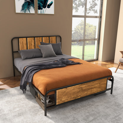 HOMCOM 25.5cm Double Bed Frame, Industrial Bed Base with Headboard, Footboard, Steel Slat Support and Under Bed Storage, 145 x 199cm, Rustic Brown