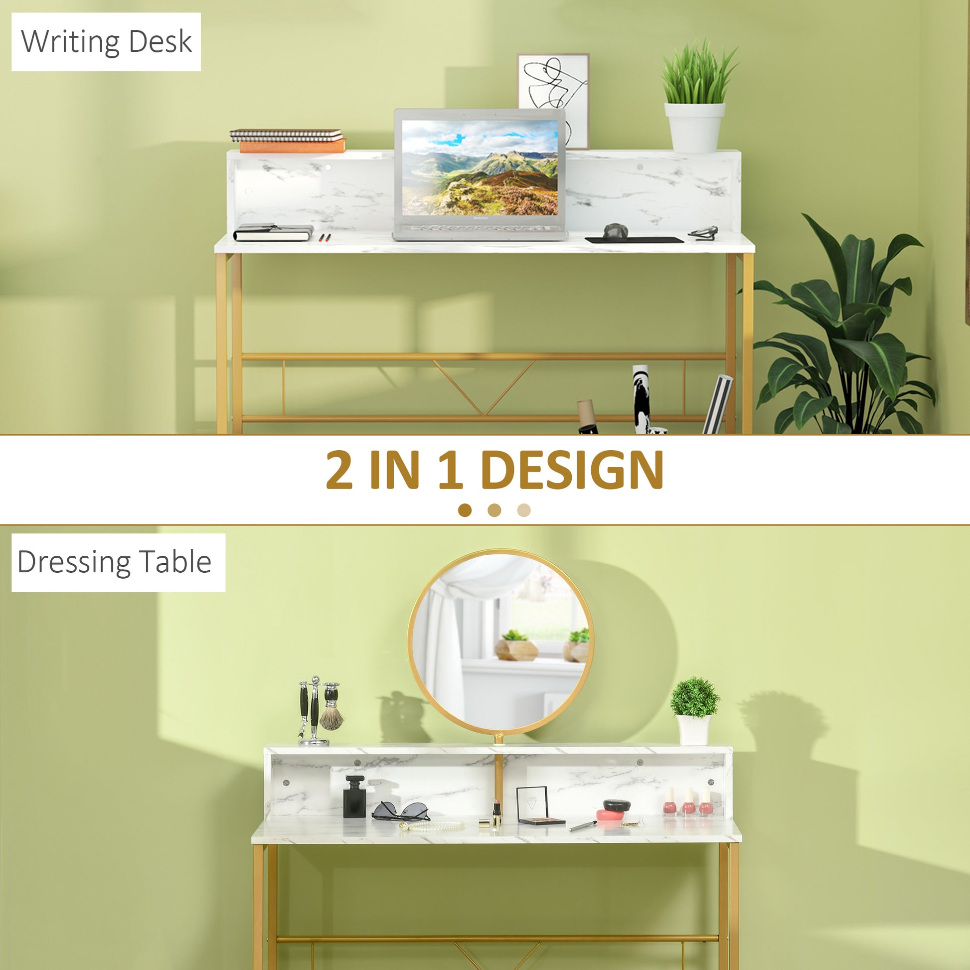HOMCOM Modern Dressing Table with Round Mirror, Vanity Makeup Desk with Open Storage, Faux Marble Texture and Steel Frame for Bedroom, White