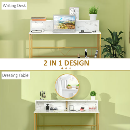 HOMCOM Modern Dressing Table with Round Mirror, Vanity Makeup Desk with Open Storage, Faux Marble Texture and Steel Frame for Bedroom, White