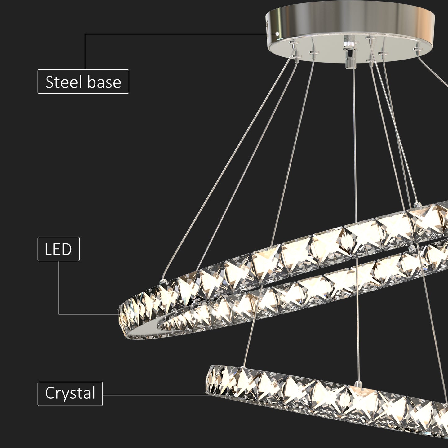HOMCOM Modern LED Chandelier with 2 Crystal Rings, Dimmable Pendent Ceiling Light Cool Warm White with Adjustable Cable Remote Controller, Silver